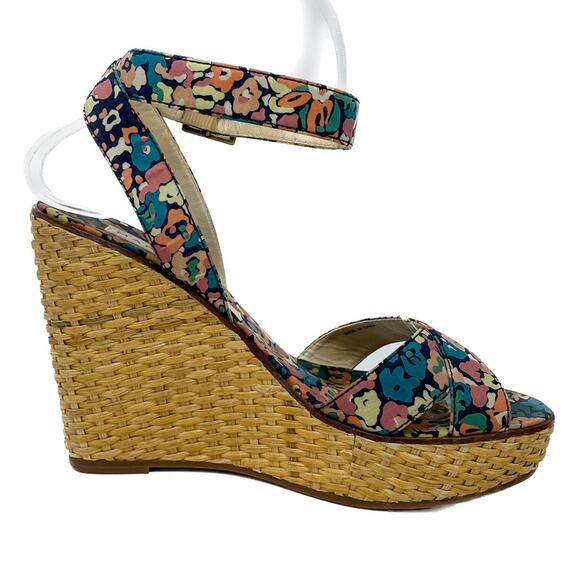 Vintage Marc Jacobs floral canvas & rattan wedge espadrilles sandals size 37 US7 - Picture 7 of 13
